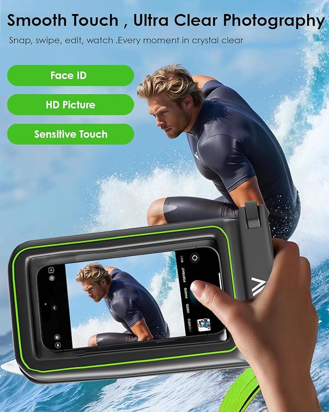 【2025 Upgraded】 8 Pack Black - IP68 Waterproof Phone Pouch Floating Design No Sink Waterproof Phone Case - Beach Pool Travel Essentials - Works w/All Phones - Detachable Lanyard - Black/Hi-Vis Green
