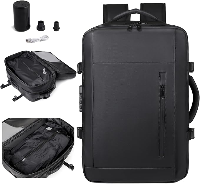 Vacuum-sealed travel computer backpack, Water-Resistant, With vacuum pump, Multiple Compartments, Anti-theft combination lock (Grey)