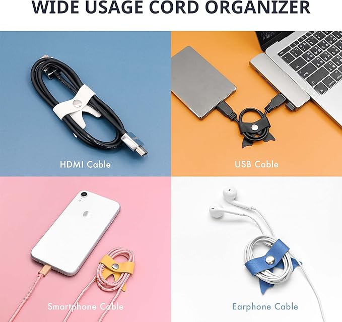 SenseAGE 5 Pack Cord Organizer, Bow Cord Keeper, Cable Organizer USB Holder, Leather Cable Management, Cable Straps, Earphone Winder, Storage Straps for Electronics, Earbuds, Small, Random Blue