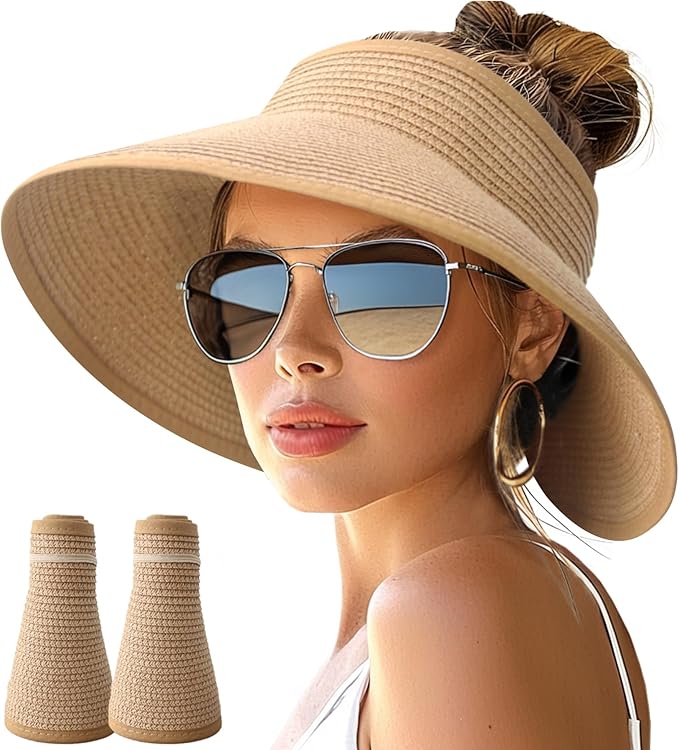 NPJY Sun Hats for Women Wide Brim Roll-Up Beach Ponytail Hat Packable Foldable Travel Straw Visor