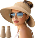 NPJY Sun Hats for Women Wide Brim Roll-Up Beach Ponytail Hat Packable Foldable Travel Straw Visor