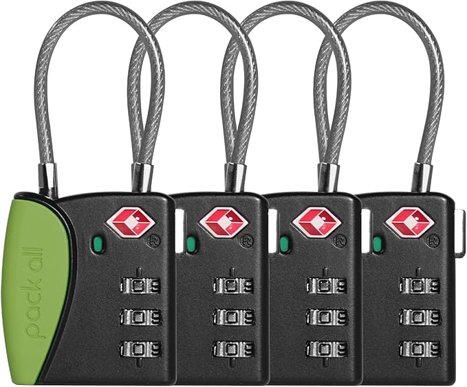 pack all TSA Approved Cable Luggage Locks, 3 Digit Combination Padlocks, Travel Lock for Suitcases & Bag, Alloy Body, Travel Accessories (4 Pack)（Apple Green）