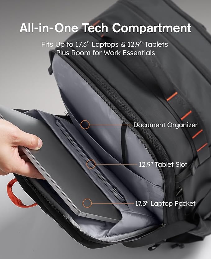 Tolaccea Travel Backpack with Garment Bag, Suit Carry On Backpack, TSA Flight Approved for Travel & Business Trips with Dual Laptop Storage for 17.3" and 12.9" & Extra Toiletry Bag, 45-55L Expandable