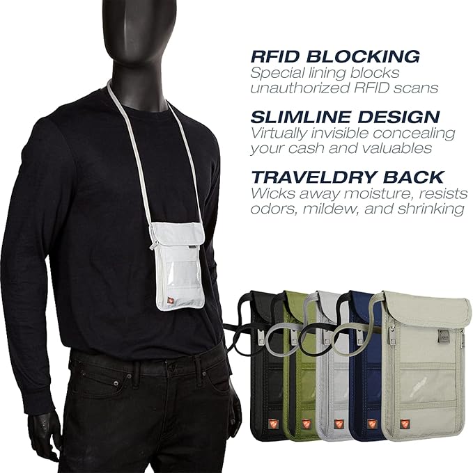 Lewis N. Clark Stash Neck Travel Wallet, RFID Blocking Passport Holder, Protect Personal Information, Charcoal