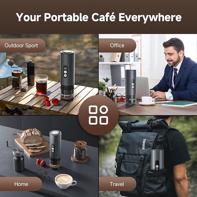 AMZCHEF Portable Espresso Machine w/ 9000mAh Battery & USB-C, 2-in-1 Travel Coffee Maker for Ground/NS Capsules, Car Coffee Machine Self-Heating for Camping, RV, Hiking, Office, Aluminum