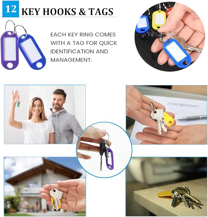 Portable Zippered Key Organizer, Fireproof & Waterproof Key Case with 12 Key Hooks & Tags, Portable Key Storage Organizer for Real Estate Sales,Hotel Executives, Car Service
