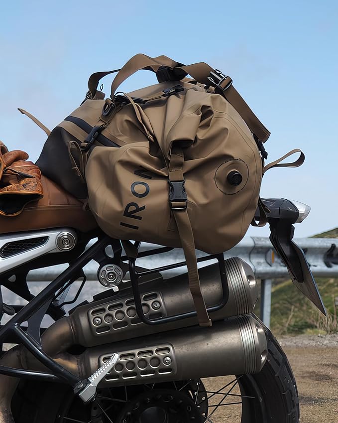 IRON JIA'S Motorcycle Dry Bag - Waterproof Duffle & Luggage Tail Bag Saddle Bags with Roll Top Closure, Shoulder Straps, Inner Pocket and Mesh Pocket (Brown, 30L)
