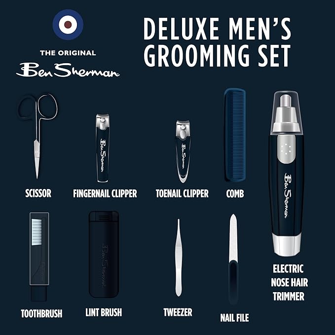 Ben Sherman Nail Clipper Set for Men, 10 Pcs Deluxe Grooming Kit for Men - Includes Nail Clippers, Nose Hair Trimmer, Tooth Brush, Scissors and More. Men's Grooming Kit