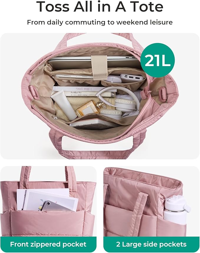 BAGSMART Tote Bag for Women, Lightweight Puffy Tote Bag with Compartments Shoulder Bag Handbag for Travel, Work, Gym,