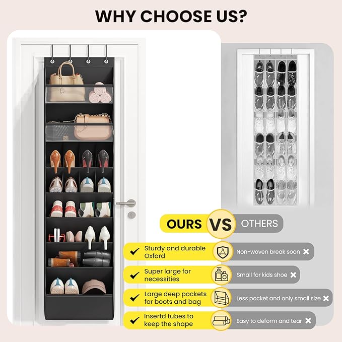 Over the Door Shoe Organizer for Closet, Shoes Rack with 8 Tier Large Deep Pockets, Hanging Shoe Organizers for Boot Storage, Behind the Door Narrow Shoe Holder for Small Shoes, Black