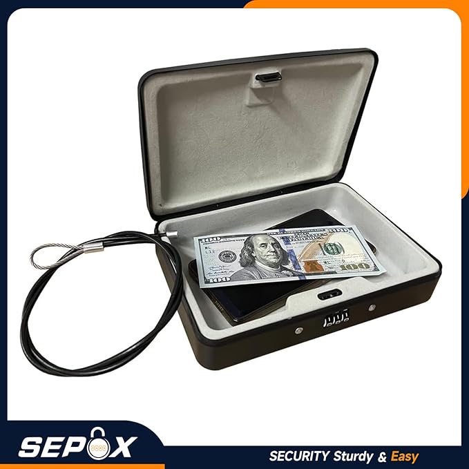 SEPOX® 2Pcs Water/Fire-Resistant Portable Security Case Lock Box Steel, Personal Travel Safe Storage Cabinet for Small Item, 3-Ft Cable, Ressetable Combination Lock for Dorm, Car, Sports, Office