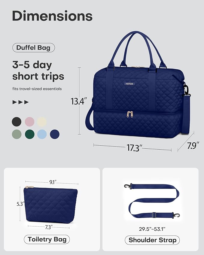 HOTOR Travel Duffel Bag - Weekender Bags for Women, Carry On Overnight Bag with Shoe Compartment, with Toiletry Bag for Travel Essentials and Travel Accessories, Dark Blue, 13.4"×17.3"×7.9"