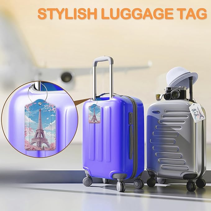 Eiffel Tower Sakura 3 Pack Luggage Tags for Suitcases, Take Me to Paris PU Leather Luggage Tag for Travel, Bag Tags with Privacy Name ID Card and Steel Loop for Women Men