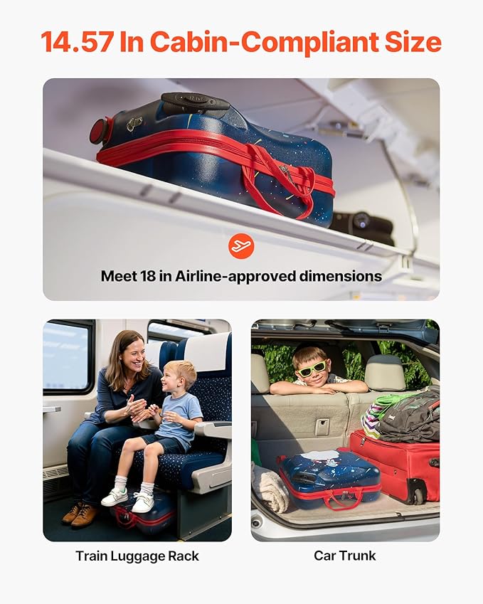 VEVOR Ride-on Luggage, 26 L Capacity, 18 Inches Tow Along Toddler Carry on Luggage with Wheels, Adjustable Shoulder Strap, Lightweight Kids Riding Suitcase for Boys & Girls Aged 3+, Blue & White