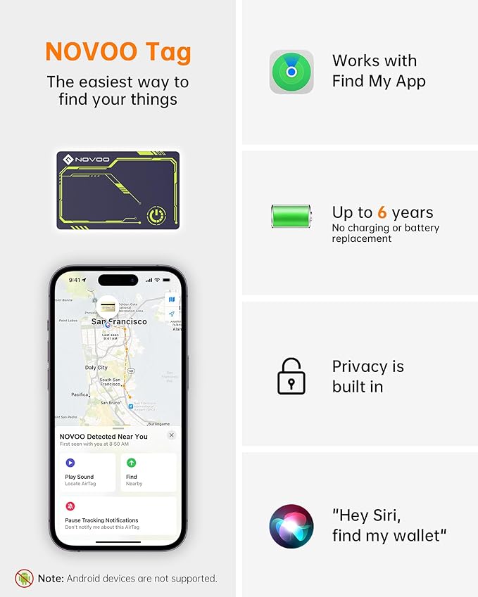 NOVOO Air Locator Tag (iOS Only) Wallet Tracker Card with Apple Find My, Smart Card Bluetooth Tracker, 6 Years Battery, IP68 Waterproof, Keys Finder and Item Locator for Keys, Bags, Passport (BL)