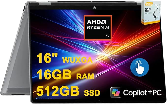 HP OmniBook X Flip Copilot+ AI PC 2-in-1 Laptop | 16" WUXGA Touch (400nits) | AMD 6-core Ryzen AI 5 340 (Up to 50 Tops) | 16GB DDR5 512GB SSD | Backlit 5MP IR Privacy Camera Win11Pro w/DLCA Accessory