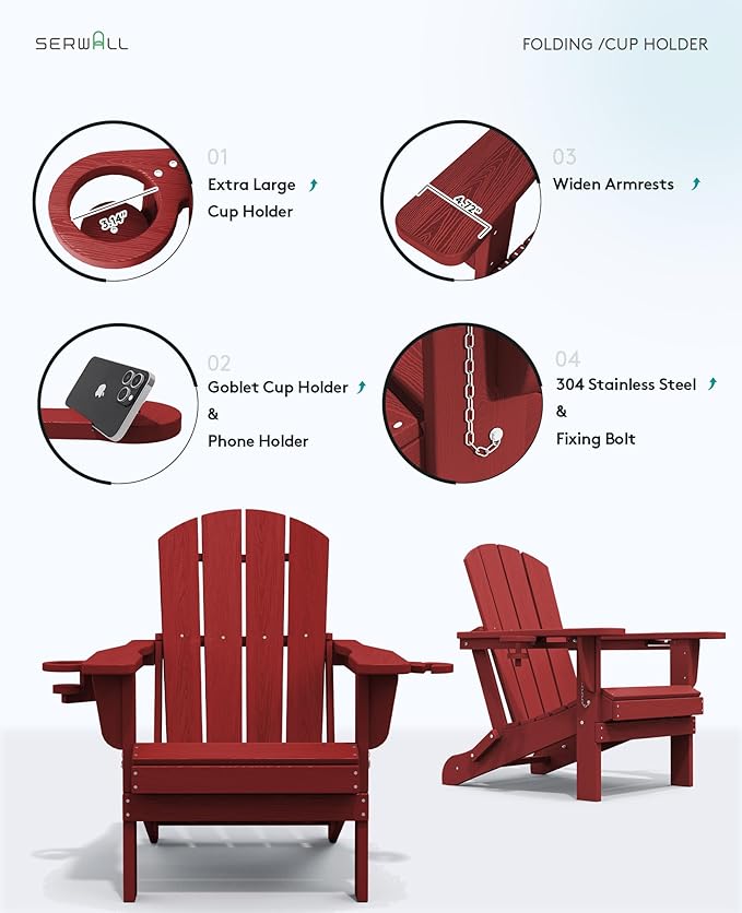 SERWALL Adirondack Chair with Cup Holders - Composite Adirondack Chairs Set of 4 HDPE Outdoor Chairs All Weather Use- Dark Red