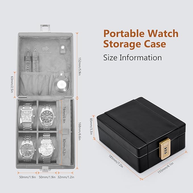 BISON DENIM Watch Box, 4 Watch Travel Case with Combination Lock - PU Leather Men's Watch Storage Box & Jewelry Organizer with Ring Slots & Necklace Hooks, Secure Travel Case, Black
