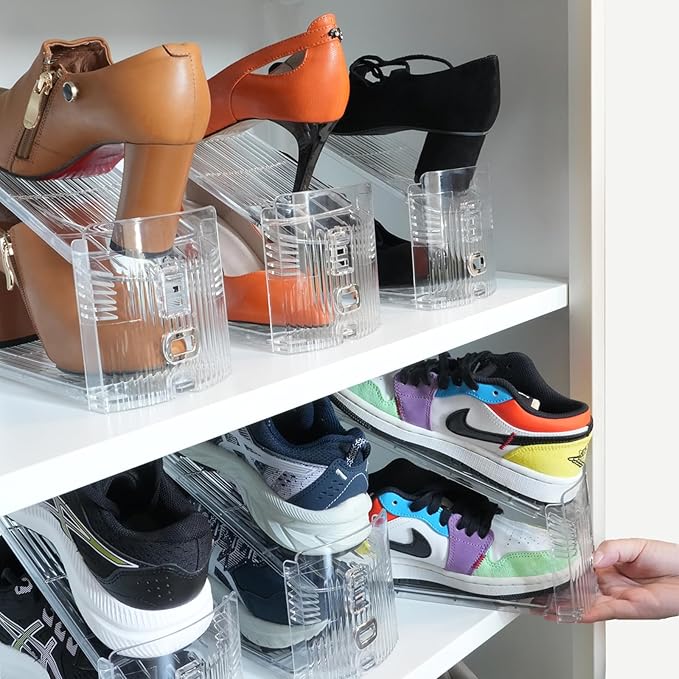 Shoe Slots Organizer, 12PCS Adjustable Double Layer Stack Shoe Rack, 50% Space-Saving Storage Rack Holder, Transparent