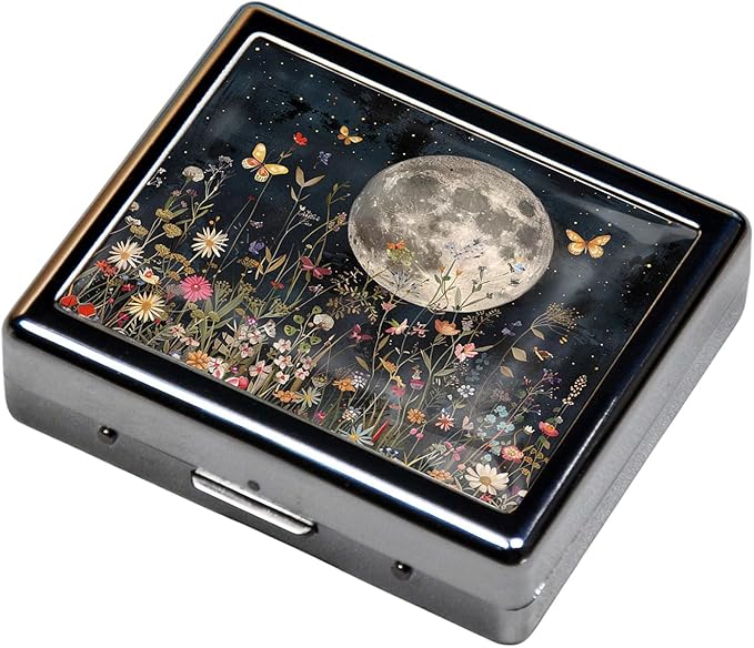 Cute and Portable Metal Pill Organizer – 8 Compartments, Elegant Chrome Finish, Ideal for Travel and Daily Use (Moonlit Garden)