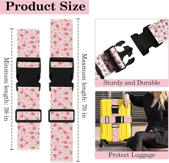 Strawberry Luggage Straps for Suitcases TSA Approved, Luggage Identifiers for Suitcase, Adjustable Suitcase Strap for Baggage Security with Cute Patten, Travel Necessary Accessories