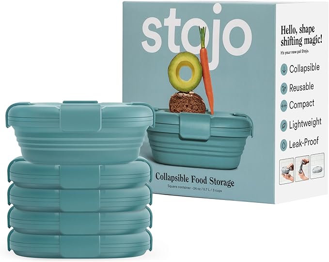 STOJO Collapsible Sandwich Box – 24oz, Reusable Food Storage Container, Silicone Bowl for Hot/Cold Food – Meal Prep, Lunch, Camping, Hiking – Dishwasher Safe (Set of 5, Eucalyptus)