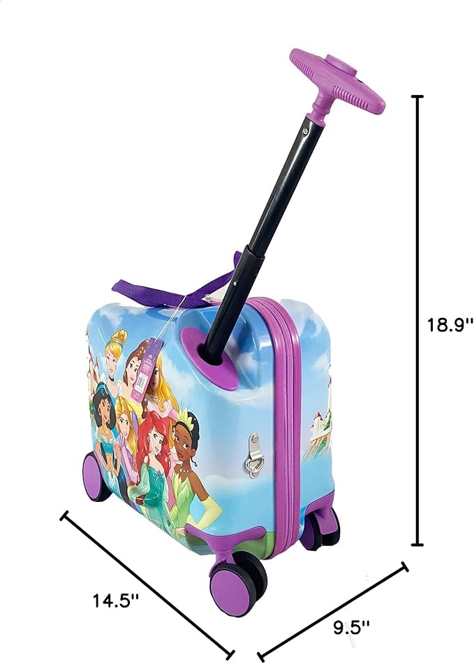 Disney Princess Ride on Suitcase for Kids, 18'' Toddler Carry-On Luggage With Wheels, Cute Lightweight Kids Travel Suitcase Trolley