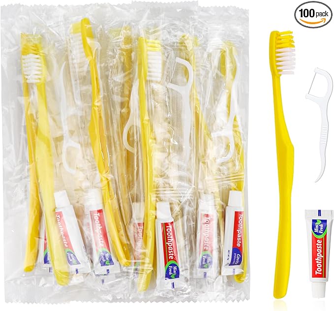 100pcs Disposable Toothbrushes with Toothpaste and Floss,Yellow Bulk Single Use Toothbrush Floss Pick Individually Wrapped Disposable Travel Toothbrushes Kit for Homeless,Airbnb,Hotel,Guest