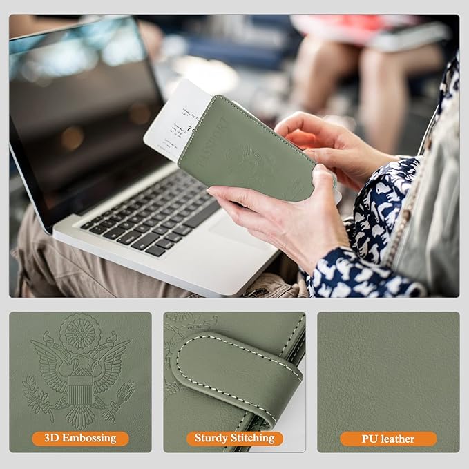 TIGARI Passport Holder for Travel Women Men, PU Leather Waterproof RFID Passport Holder Wallet Cover Case Sleeve, Family Vacation Plane Cruise Travel Document Organizer Essentials-Green