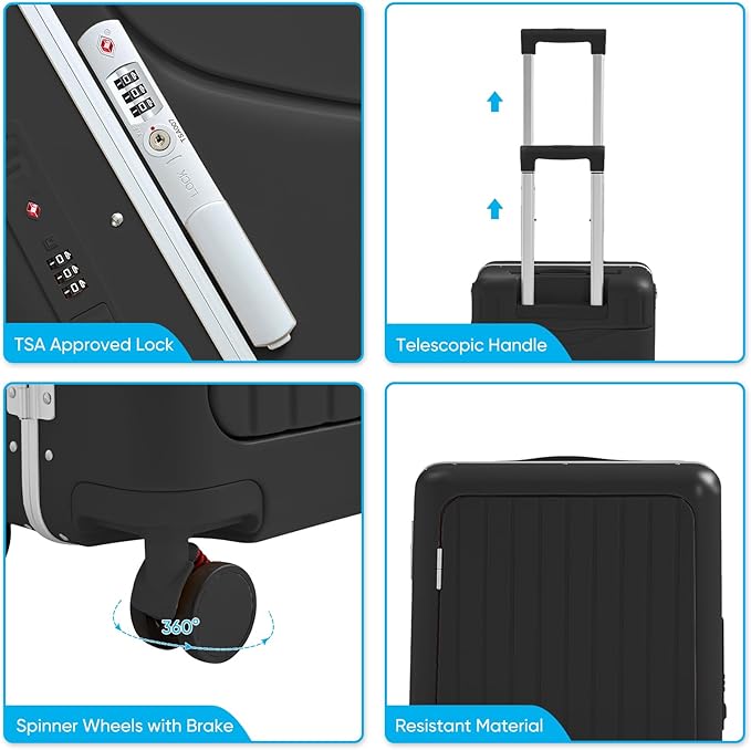 TABU 20" Ride-on Luggage with Seat，Front Opening Carry-On Hardshell Ride On Suitcase with Built-in Charging Port, 360° Lockable Spinner and TSA Lock, for Kids & Adults, Black