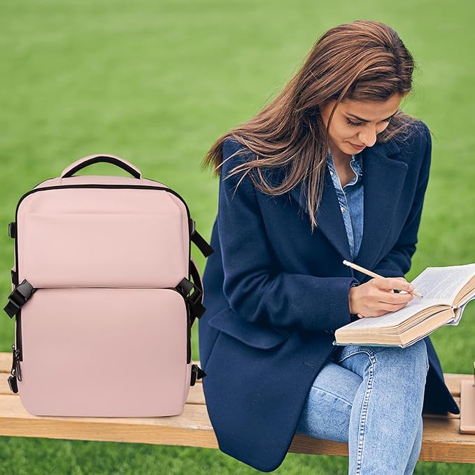 Travel Backpack Carry On Flight Approved, Lightweight Large Travel Backpack, Expandable with USB Charging Hole, Waterproof Causal Bookbag for Travel Work College Fits 17 inch Laptop, Pink