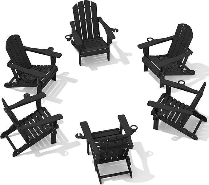 SERWALL HDPE Folding Adirondack Chair with Dual Cup Holder - Composite Adirondack Chair Set of 6- Black