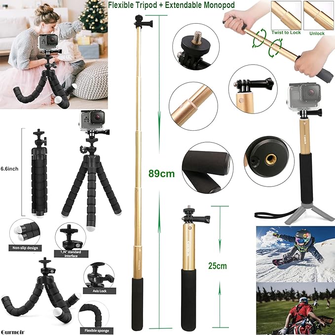 Gurmoir Accessory Pack for Go Pro 13 12 11 10 9 Hero, Full Essential Accessories Kit with Waterproof Protective Housing Case for GoPro Hero 13 12 11 10 9 Black(DT06)