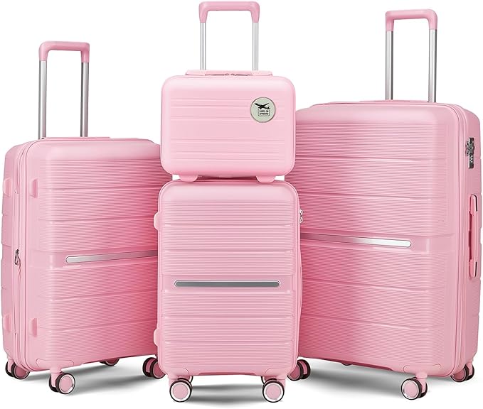 Campfun Luggage 4 Piece Sets, Expandable Carry On Luggage Set Hardshell PP, Suitcase Set with Double Spinner Wheels, Checked Durable Lightweight with TSA Lock, 14in 20in 24in 28in-Pink(A)