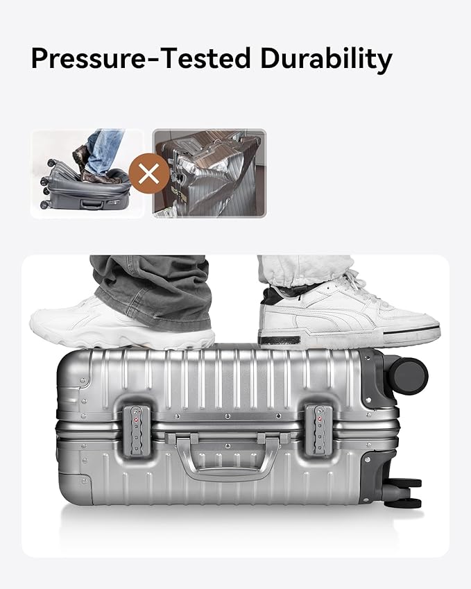 LUGGEX All Aluminum Carry On Luggage with Wheels - Zipperless Hardshell Suitcase with TSA Lock (Silver, 20 Inch)