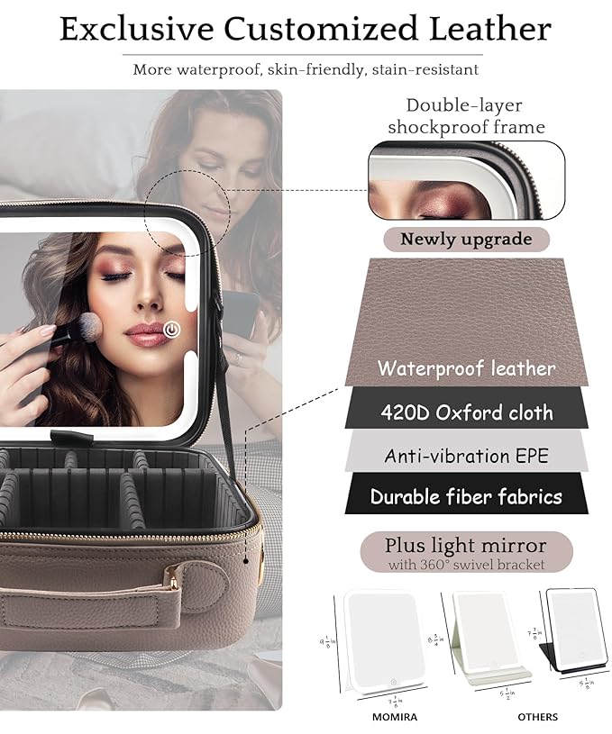 MOMIRA Travel Makeup Bag Cosmetic Bag with Lighted Mirror, Adjustable Brightness in 3 Color Scenarios/Detachable makeup mirror, All-round Upgrade, Waterproof, Gift for Women -Beige Grey