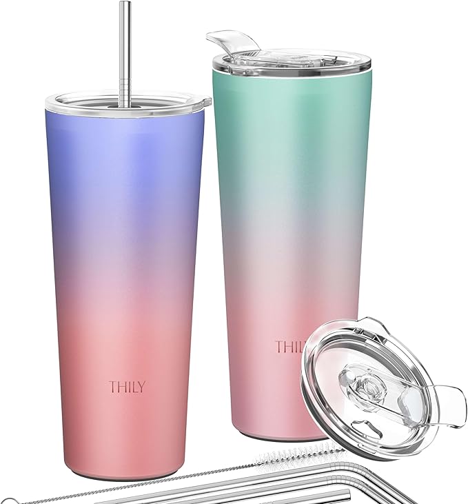 THILY Stainless Steel Vacuum Insulated Tumbler 26 oz Triple-Insulated Travel Mug with Splash-Proof Lid, for Iced Coffee and Hot Beverage, 2 Pack, Candy Pink + Lavender Dream