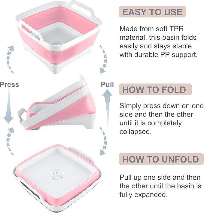 2.4 Gal(9L) Collapsible Dish Basin with Drain Plug - Multiuse Foldable Wash Basin for Baby Bottles, Space-Saving Multiuse Dish Tub, Kitchen Sink for Camping, Dishes Washing, RV (Pink)