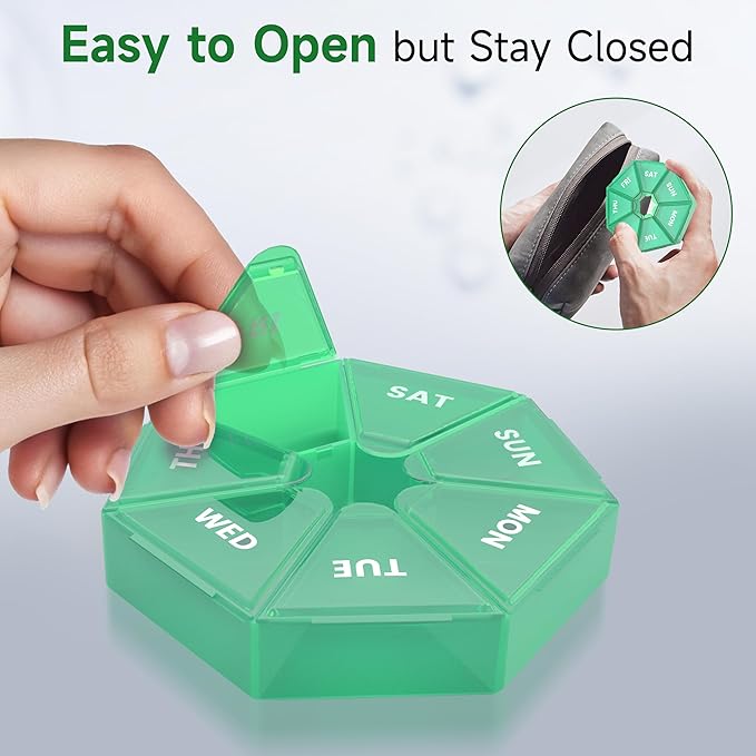 Weekly Pill Organizer, 2 Pack Portable Pill Box Medicine case 6 Colors (Seven Day) New Edition for Vitamin/Fish Oil/Pills/Supplements-Arthritis Friendly (Cyan)