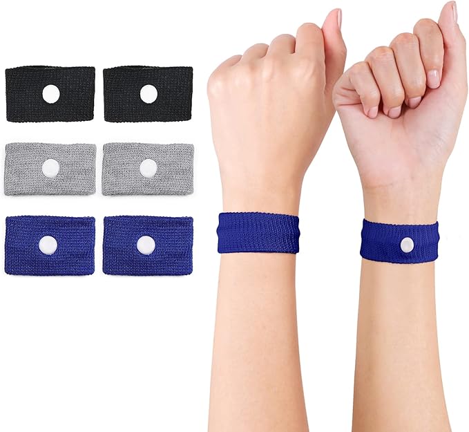 Cozyhealth Motion Sickness Wristband, Anti-Nausea Acupressure Wrist Band for Nausea Relief, Dizziness and Vomiting from Car Boat Flying Travel Sickness (Black/Grey/Dark Blue, 3 Pairs)