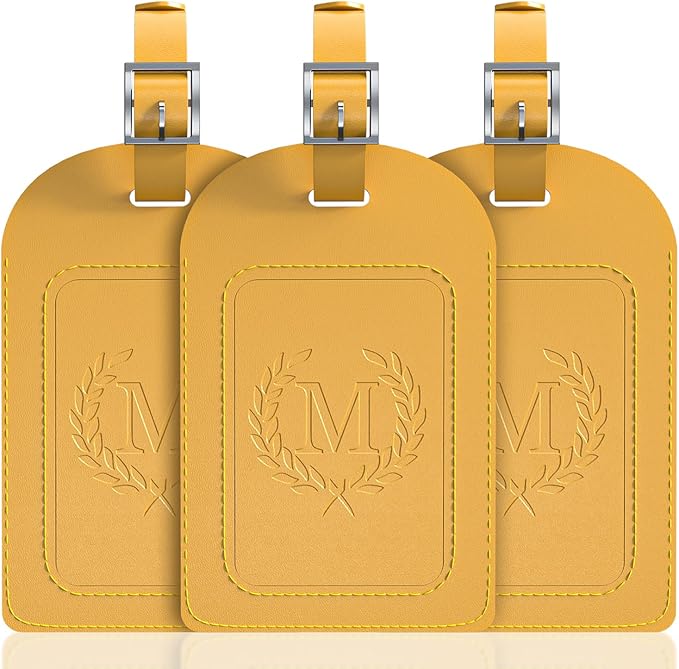 FESAS 3 Pack A-Z Alphabet Luggage Tags - Faux Leather Suitcase Tags with Privacy Cover & Replaceable Card - Initial Letter Monogram for Bags (Yellow)