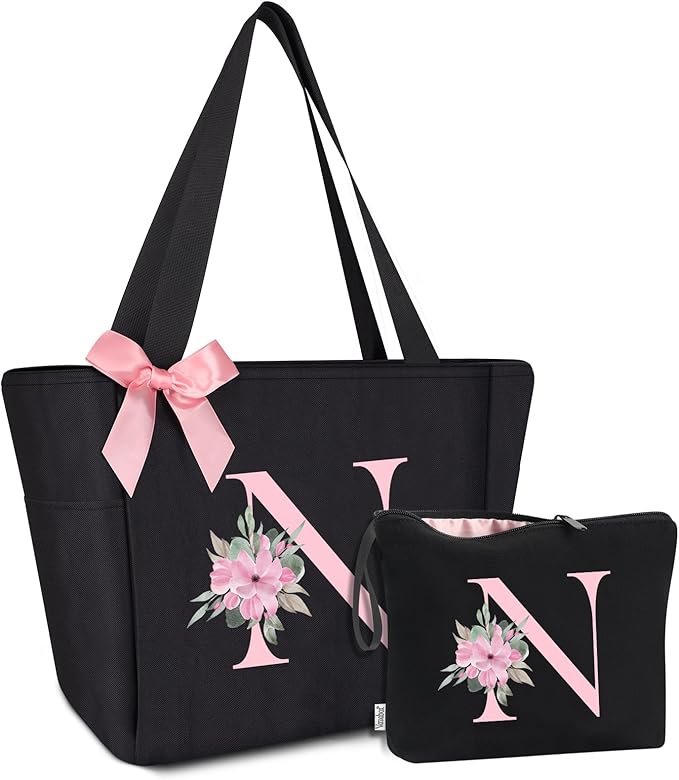 Vavabox Tote Bag, A-Z Initial Monogrammed Waterproof Tote Bag, Bridesmaid Gifts for Women, Black and Pink