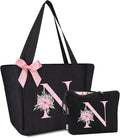 Vavabox Tote Bag, A-Z Initial Monogrammed Waterproof Tote Bag, Bridesmaid Gifts for Women, Black and Pink
