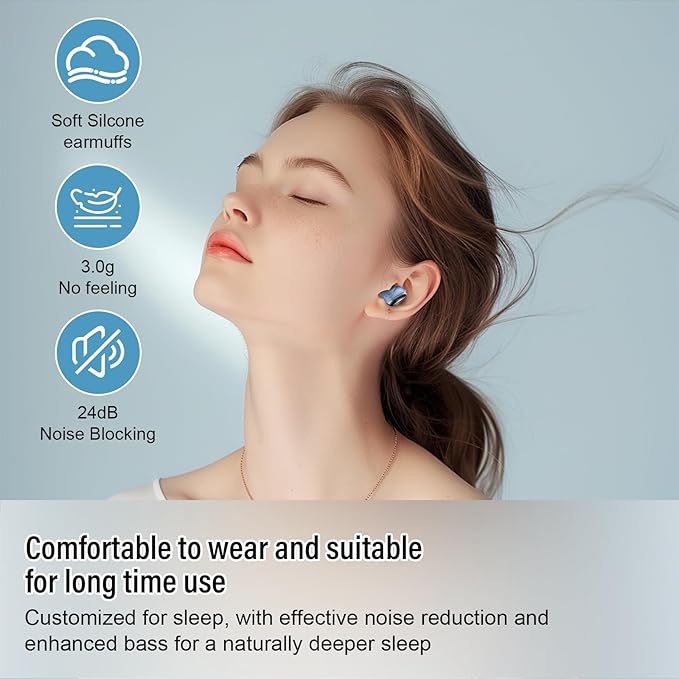 Sleep Earbuds Bluetooth 5.4 in Ear Light-Weight Headphones, Mini Sleep Headphones Small Design for Side Sleepers, 47H Playtime with Charging Case, Clear Calls Earphones, Light Blue