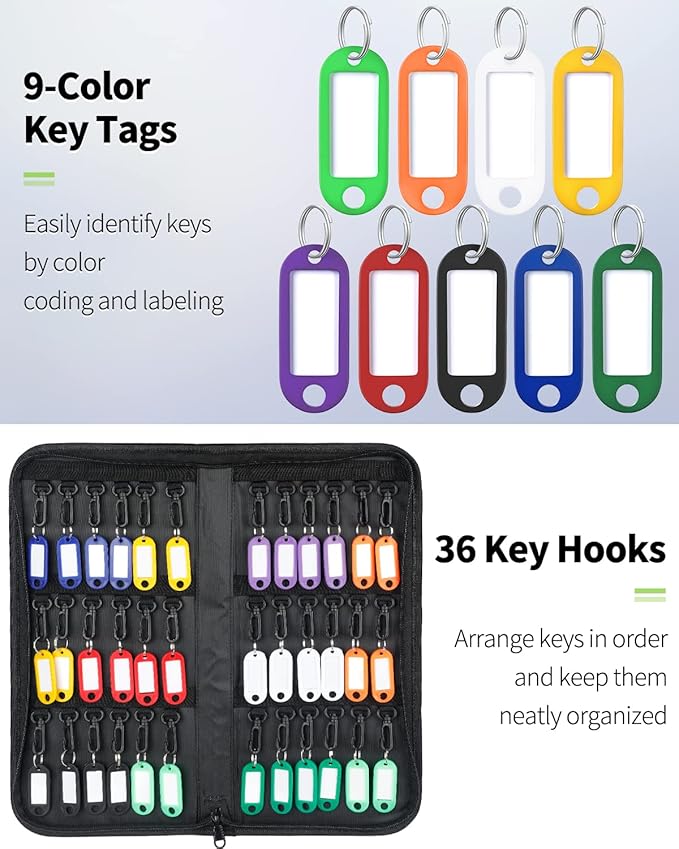 Uniclife Zippered Key Case Organizer Waterproof and Fireproof Key Binder with 36 Hooks and Tags Portable Key Storage Book for Offices Real Estate Agencies Hotels and Rental Management