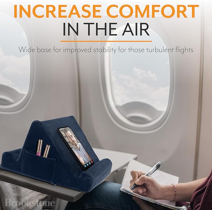 Brookstone, Memory Foam Lap Desk Tablet Holder, Holds Phones, iPads, E-Book Readers, 2 Viewing Angles, 2 Side Pockets for Accessories, Book Holder Cushion, Perfect Home, Car Travel, Flights, Blue