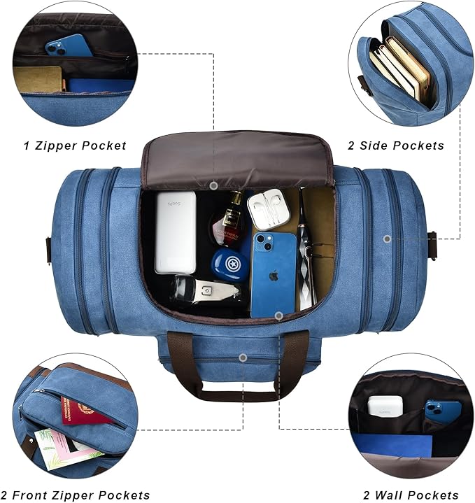 Litvyak Duffle Bag for Travel, Large 60L Canvas Travel Duffel Bags Overnight Weekend Gym Carry On Luggage Bag for Men & Women(Blue)
