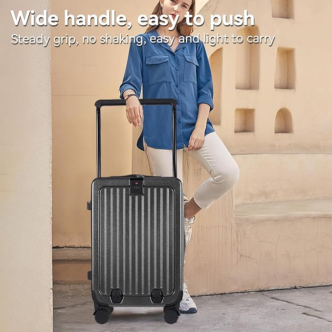 SOKOK Front Pocket Luggage Carry On with Spinner Wheels, Wide Handle Travel Suitcase PC Hardshell Durable Rolling Luggage for Business Trip with Charging Port and Cup Holder, Graphite