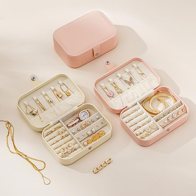 Travel Jewelry Box,Jewelry Travel Case, Small Jewelry Box,2 Layer Travel Jewlery Case, PU Leather Mini Portable Jewerly Storage Display Holder for Earrings, Ring, Necklaces, Bracelets (Pink)