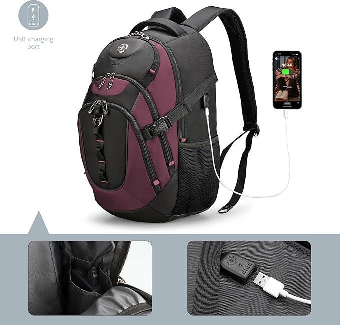 Swissdigital Design Laptop Backpack with USB Charging Port, TSA Travel Backpack Fits 15.6 inches Computer, 31L College School Backpack for Women, Burgundy/Black | SD803